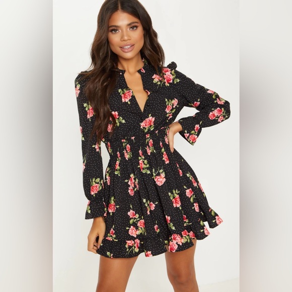 Black Floral Polka Dot Dress - Picture 1 of 4